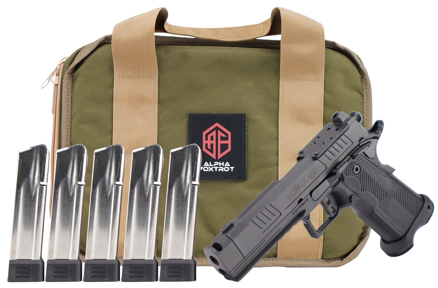 alpha foxtrot af1911 romulus bundle 9mm 4.25 comp bull barrel 20-rounds or 5 mags  carry case