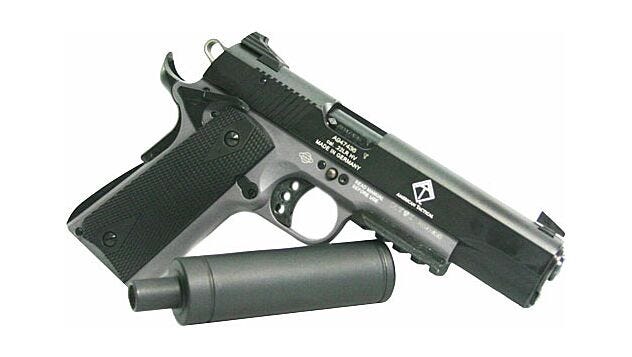 american tactical gsg 1911 gray .22 lr 5 barrel 10-rounds w/ faux suppressor
