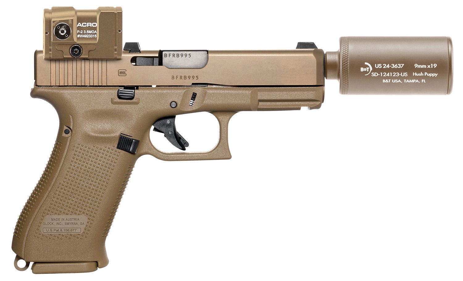 B&T Glock 19 Hush Puppy Kit Coyote Tan 9mm 4 Barrel 15-Rounds w/ Aimpoint Acro P-2 Red Dot  Supressor - B&T