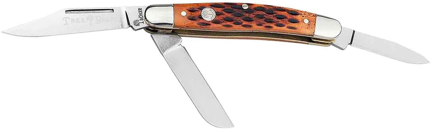 Boker USA Stockman Traditional Brown Jigged Bone Clip Point/Sheepsfoot/Spey D2 Blade - Boker