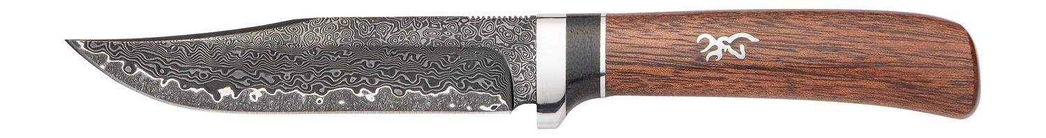 Browning Stormy Pass Brown Large Wood 5 Fixed Clip Point Damascus Blade