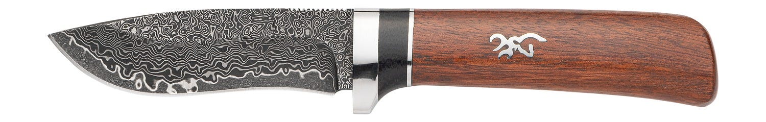 Browning Stormy Pass Wood 3.5 Plain Edge Drop Point Damascus Blade