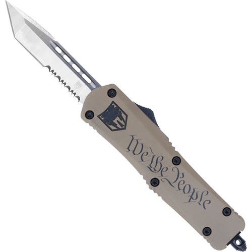 Cobratec Knives CobraTec Knives FS3 Medium OTF Sand We The People 3 Tanto Blade Serrated - $159.99 at GrabAGun