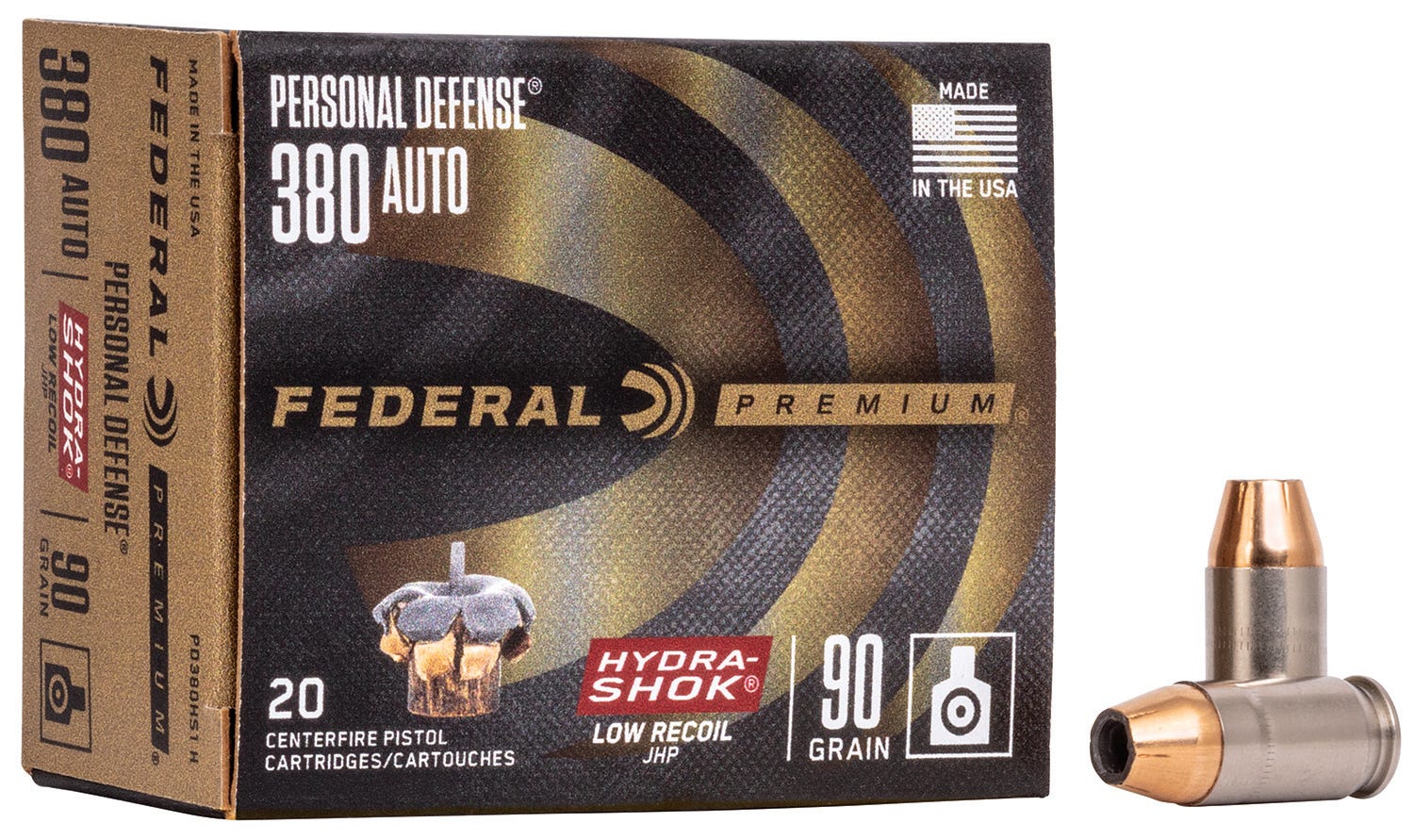 Federal Premium Personal Defense Low Recoil Nickel Plated Brass .380 ACP 90-Grain 20-Rounds Hydra-Shok