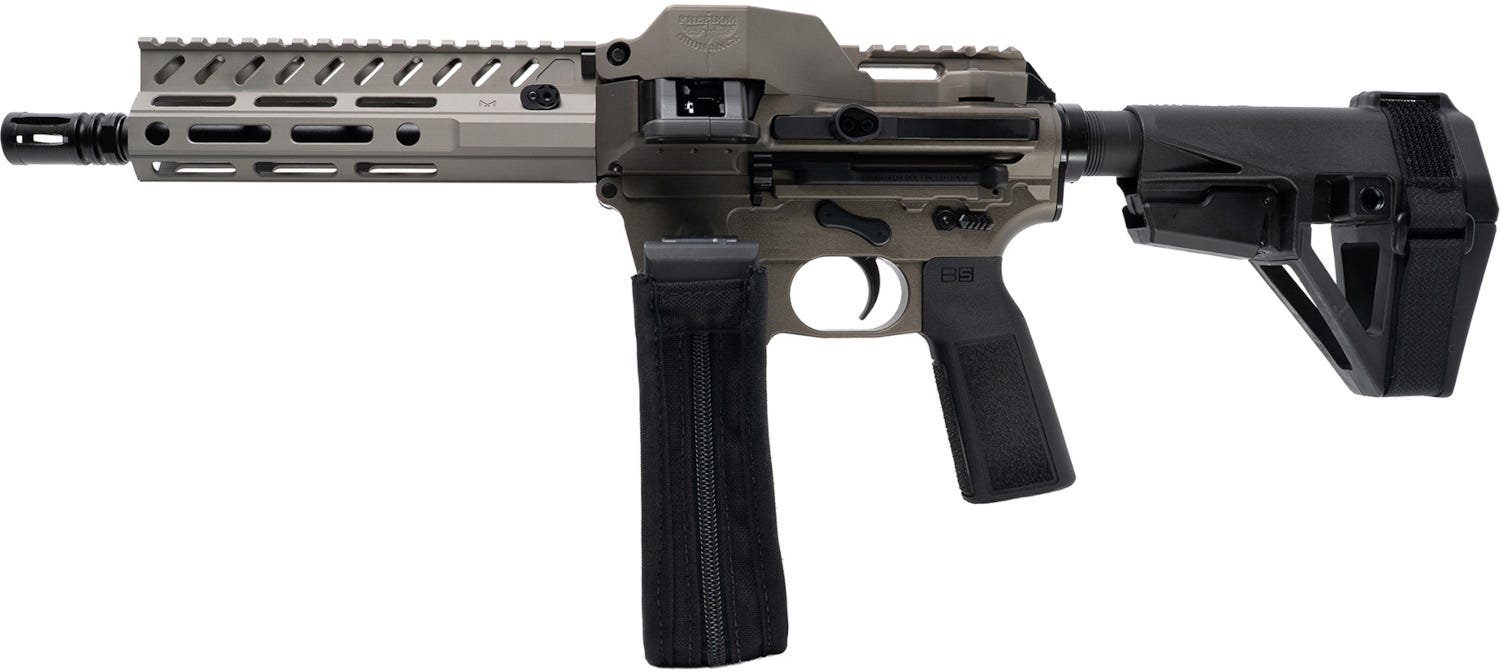 Freedom Ordnance FM-9D Flat Dark Earth Belt Fed Pistol 9mm 8 Barrel 33-Rounds w/ 150 Links  Bag