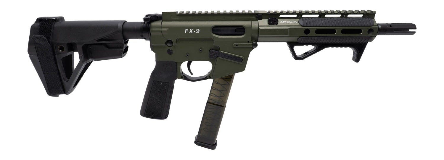 freedom ordnance fx9p elite od green 9mm 8 threaded barrel 32-rounds w/ sb tactical sba5 brace