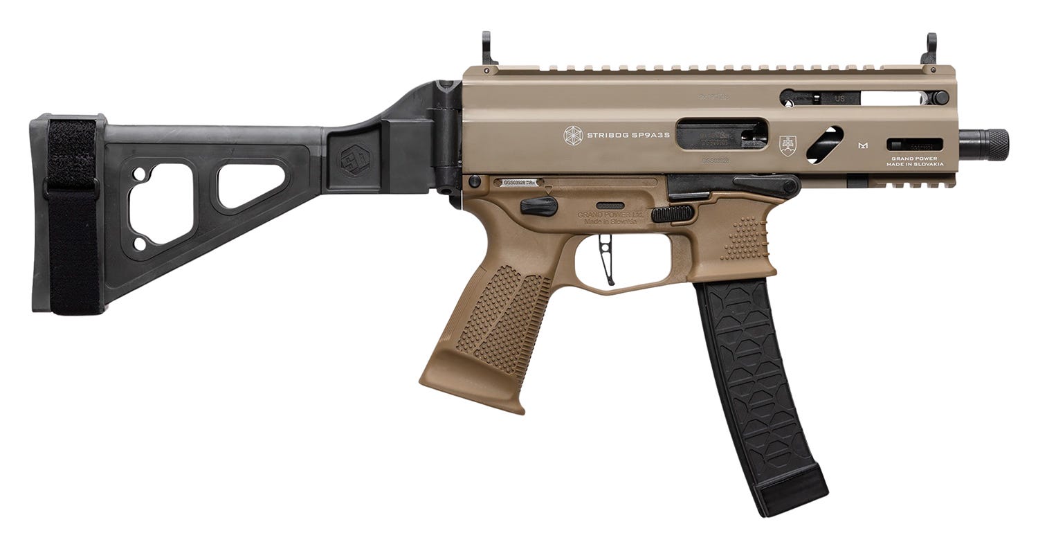 grand power stribog sp9a3s flat dark earth 9mm 5.5 barrel 30-rounds w/ sb tactical brace
