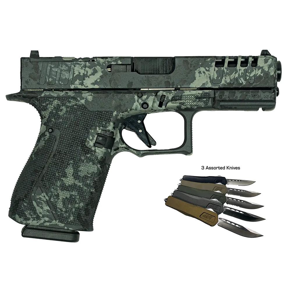 great lakes firearms and ammunition 19 striker bundle lichen grey 9mm 4 barrel 15-rounds or w/ 3 otf knives