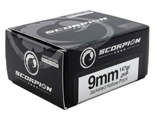 Scorpion Ammo Handgun Ammunition 9mm 147 Grain 20-Rounds JHP rpion Handgun Ammunition 9mm 147 Grain 20-Rounds JHP Ammo