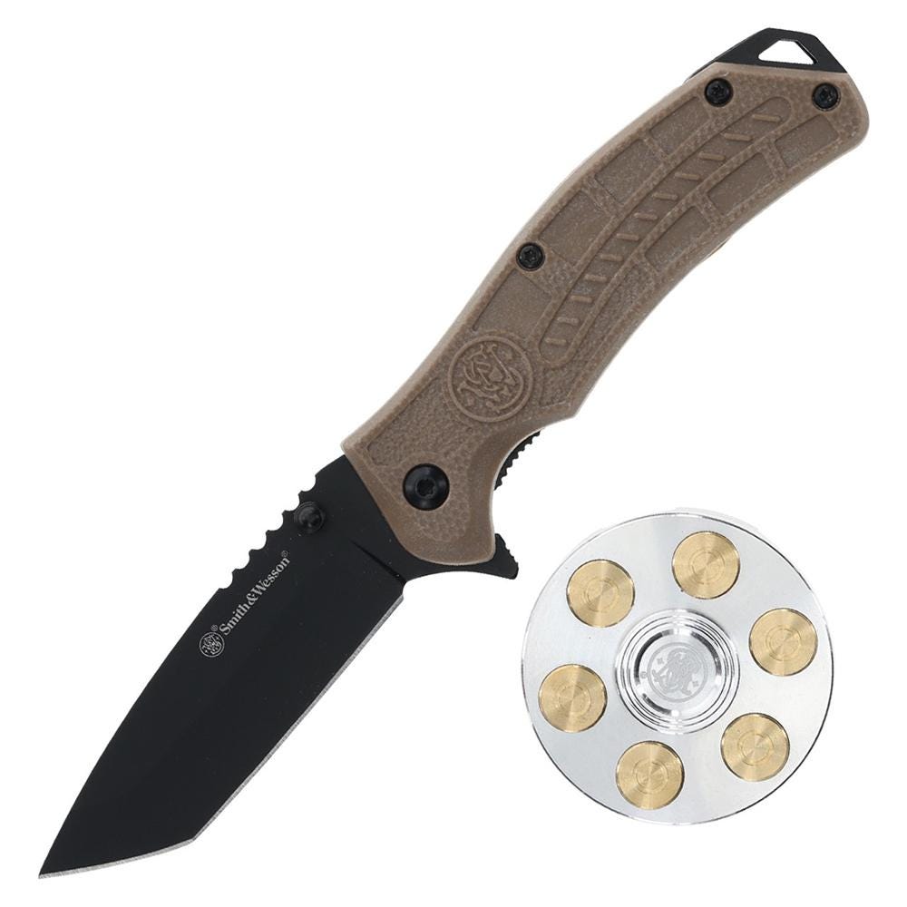 Smith Hostage Rescue Team Brown Folding Knife and Fidget Spinner Combo 3 Tanto Blade