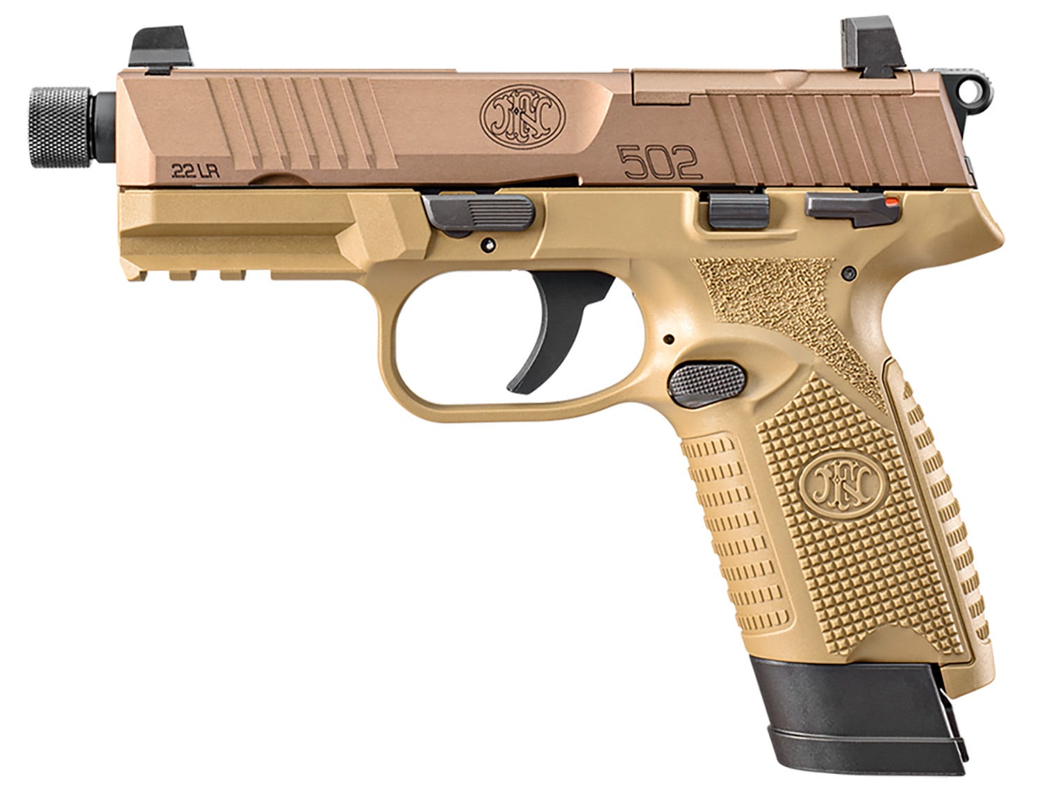 fn 502 tactical flat dark earth .22 lr 4.6 barrel 15-rounds optics ready ambidextrous
