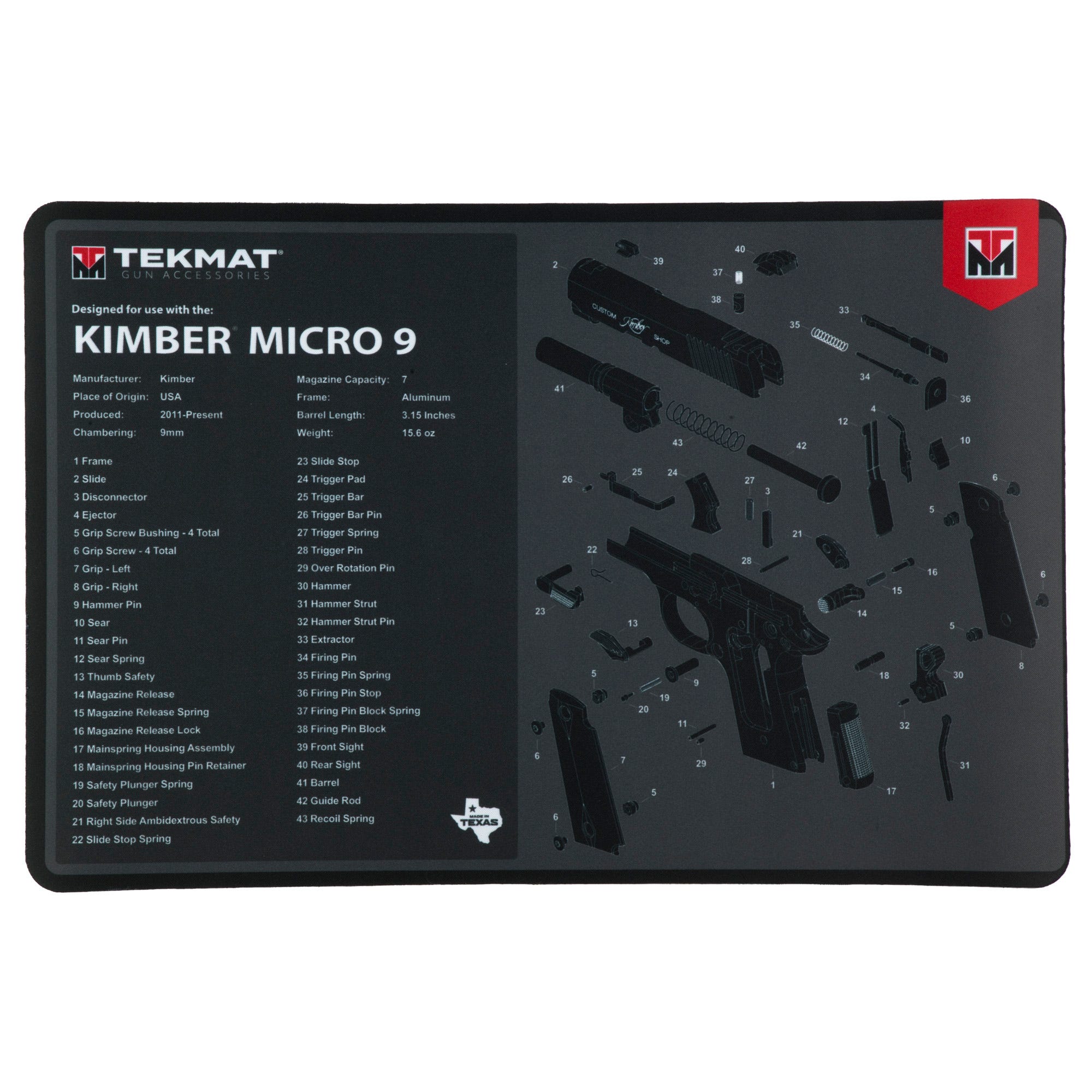 TekMat Cleaning Mat 11x17 Kimber Micro 9 Diagram - TekMat